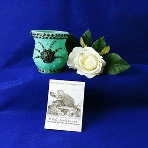 Candle Holder Glass Votive Sea Foam Green with Black Details 3.75in Tall